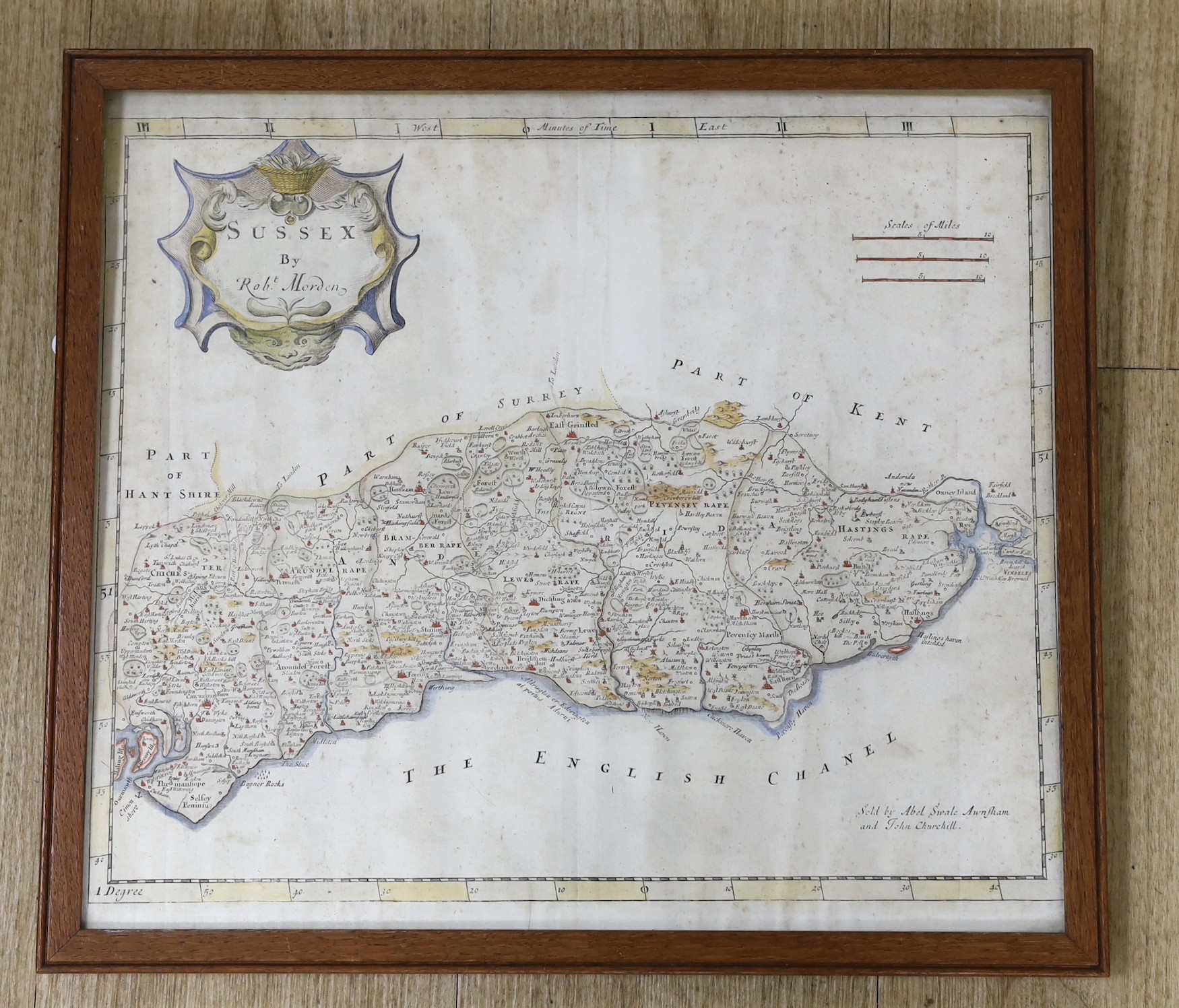 Robert Morden, coloured engraving, Map of Sussex, 36 x 41cm